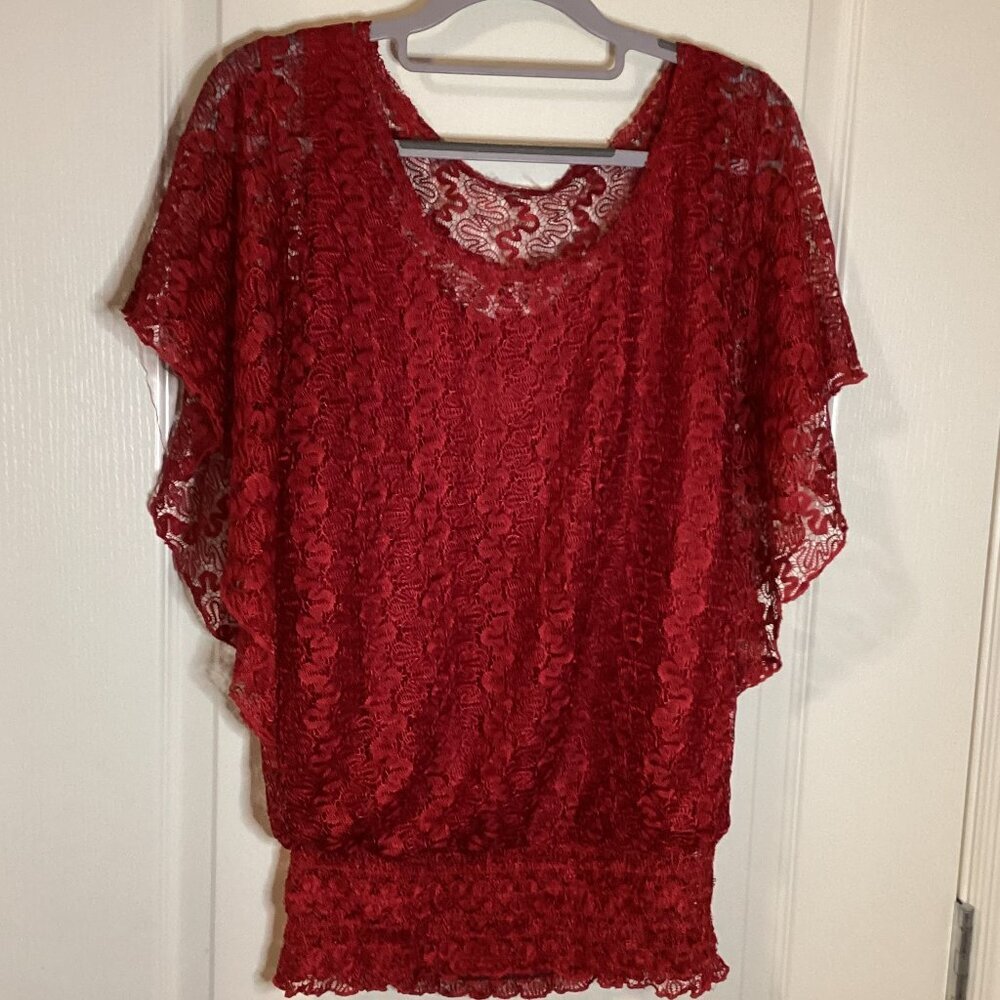 Women's Red Lace Blouse Top Batwing Sleeves Lined Party Cocktail Eveningwear